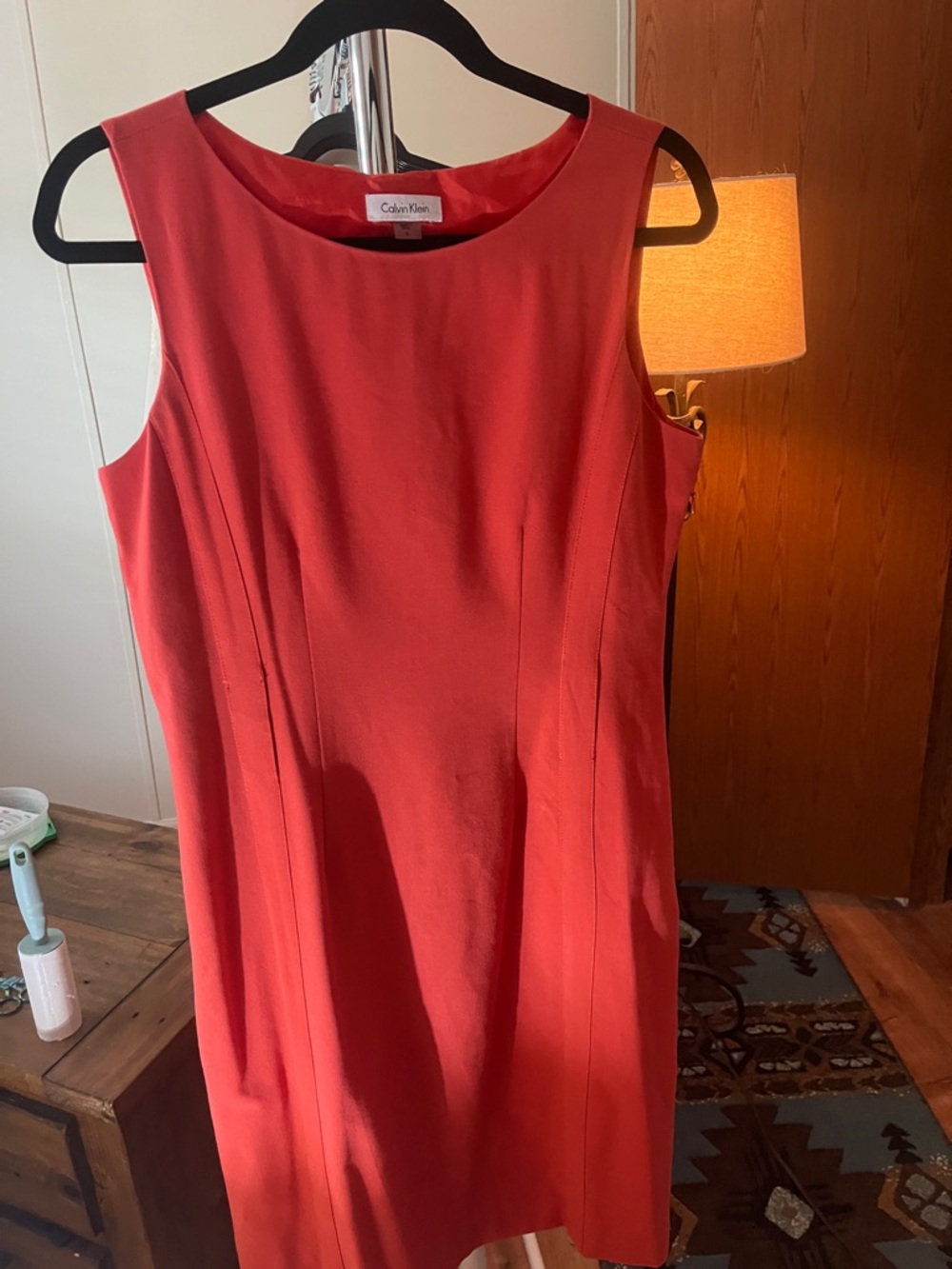 Calvin Klein Coral-Red Sleeveless Midi Sheath Dress